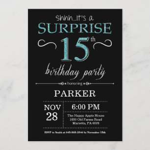 Surprise 15th Birthday Invitation Black and Teal