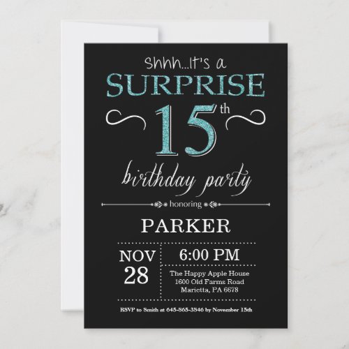 Surprise 15th Birthday Invitation Black and Teal