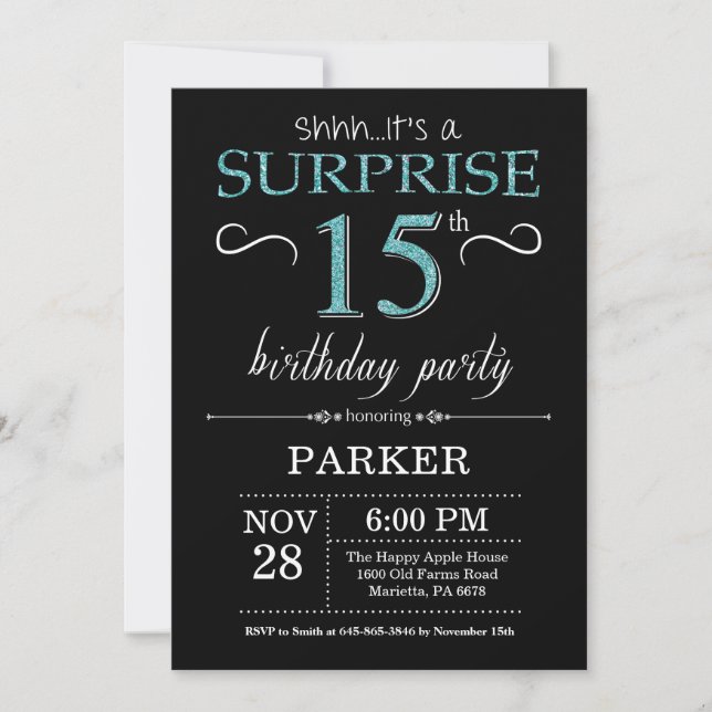 Surprise 15th Birthday Invitation Black and Teal (Front)