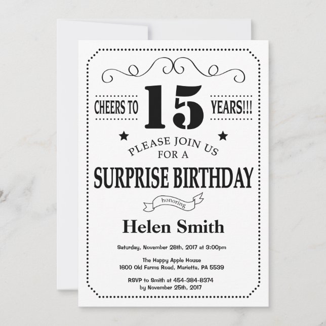 Surprise 15th Birthday Invitation Black and White (Front)