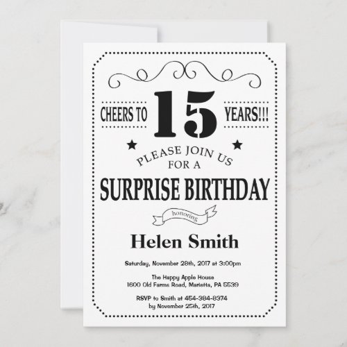 Surprise 15th Birthday Invitation Black and White