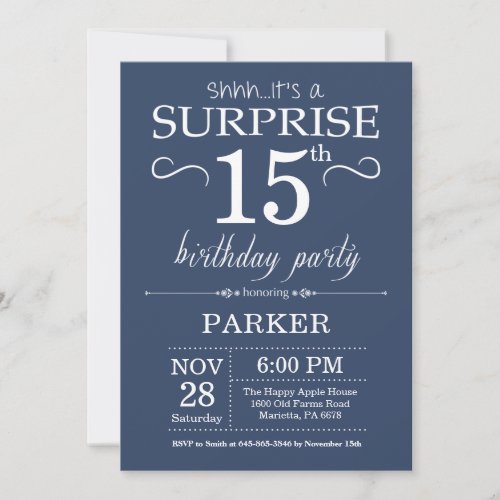 Surprise 15th Birthday Invitation Blue