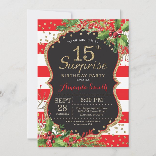 Surprise 15th Birthday Invitation Christmas Gold (Front)