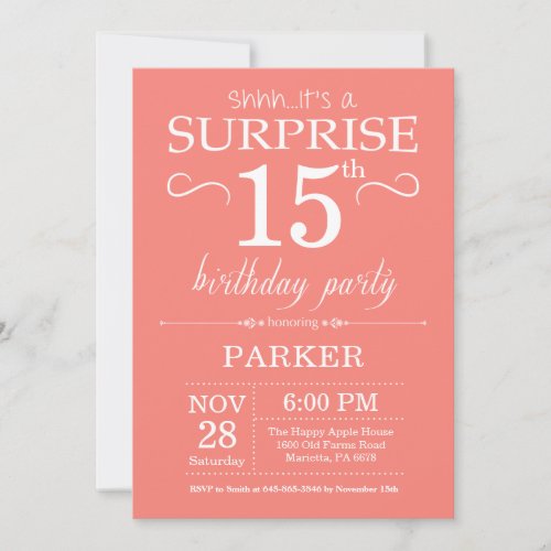 Surprise 15th Birthday Invitation Coral