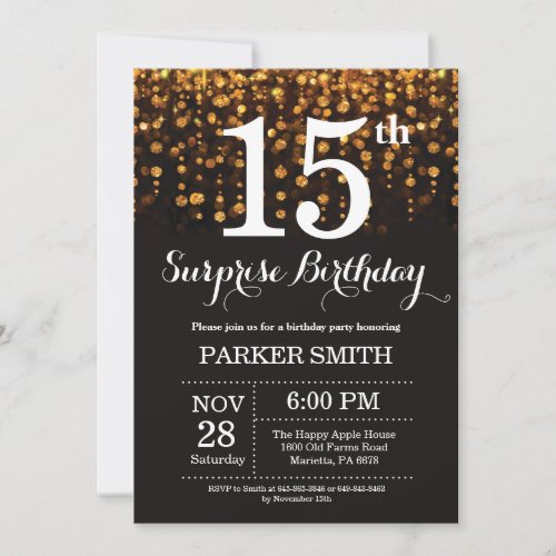 Surprise 15th Birthday Invitation Gold Glitter