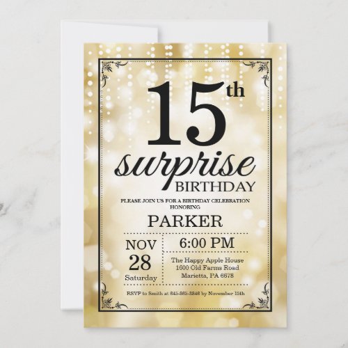 Surprise 15th Birthday Invitation Gold Glitter