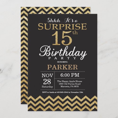 Surprise 15th Birthday Invitation Gold Glitter