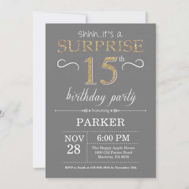 Surprise 15th Birthday Invitation Gray and Gold (Front)