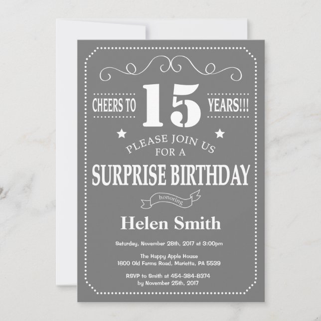 Surprise 15th Birthday Invitation Gray and White (Front)