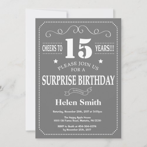 Surprise 15th Birthday Invitation Gray and White