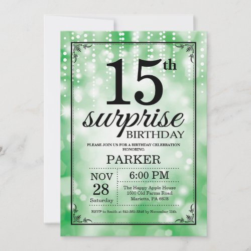Surprise 15th Birthday Invitation Green Glitter