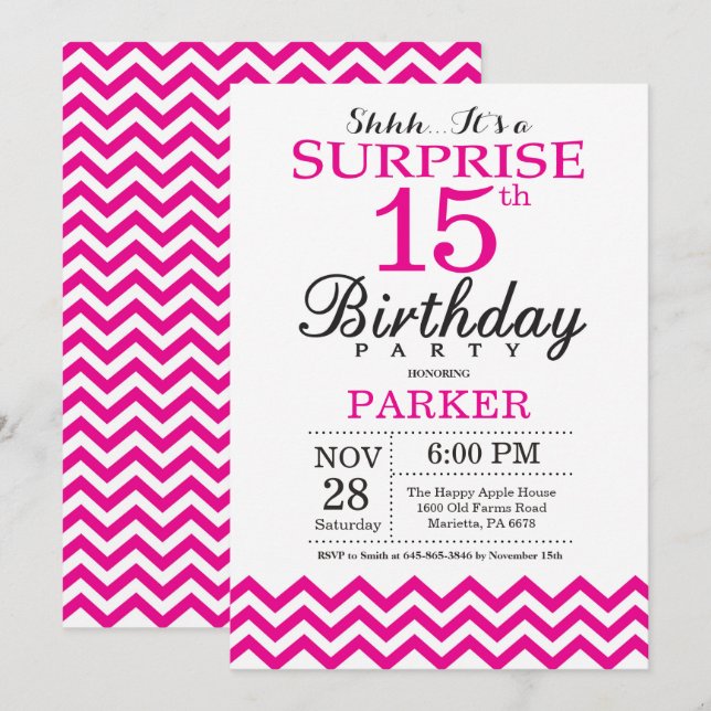 Surprise 15th Birthday Invitation Hot Pink Chevron (Front/Back)