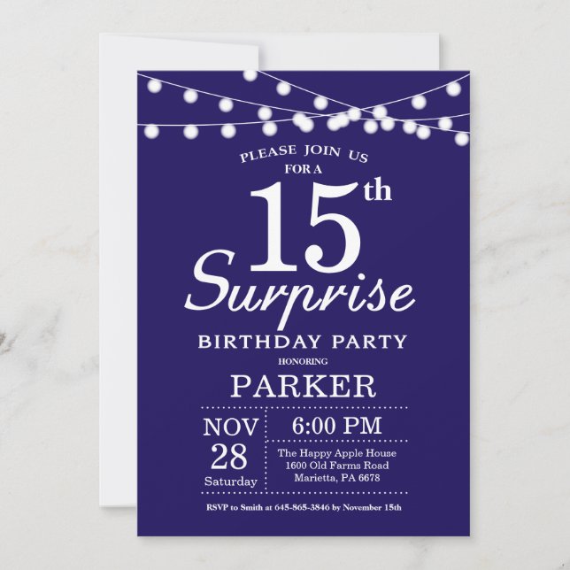 Surprise 15th Birthday Invitation Navy Blue (Front)