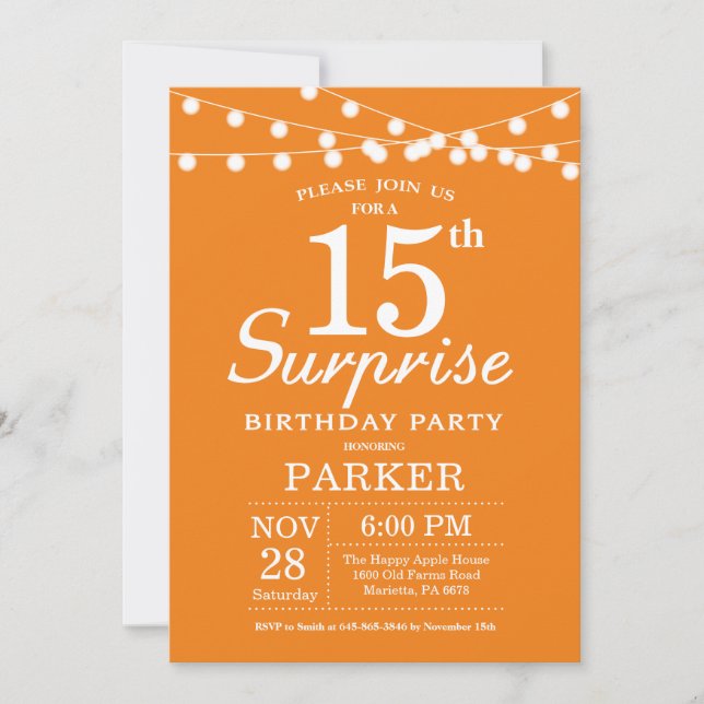 Surprise 15th Birthday Invitation Orange (Front)