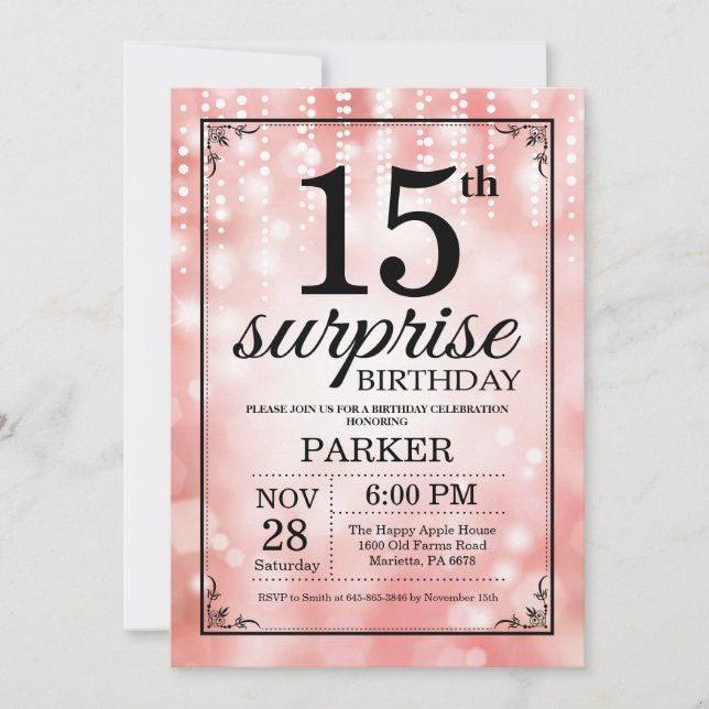 Surprise 15th Birthday Invitation Pink Glitter (Front)