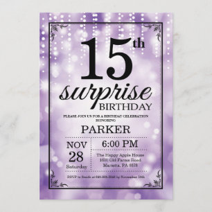 Surprise 15th Birthday Invitation Purple Glitter