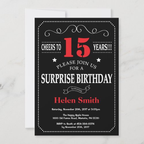 Surprise 15th Birthday Invitation Red and Black