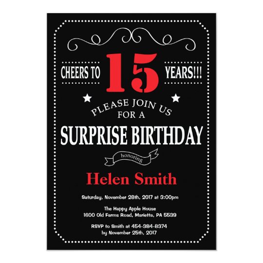 surprise 15th birthday invitation red and black zazzle com