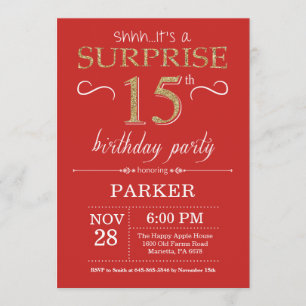 Surprise 15th Birthday Invitation Red and Gold