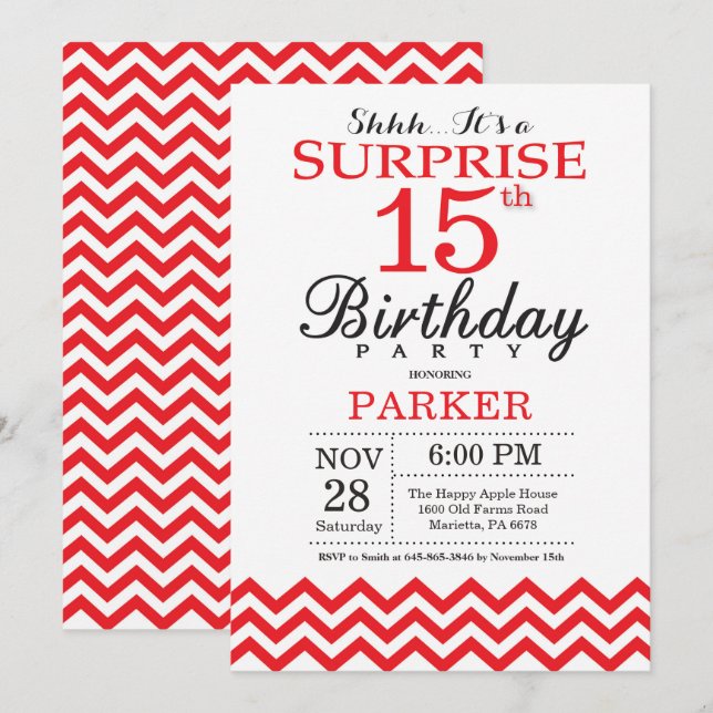 Surprise 15th Birthday Invitation Red Chevron (Front/Back)