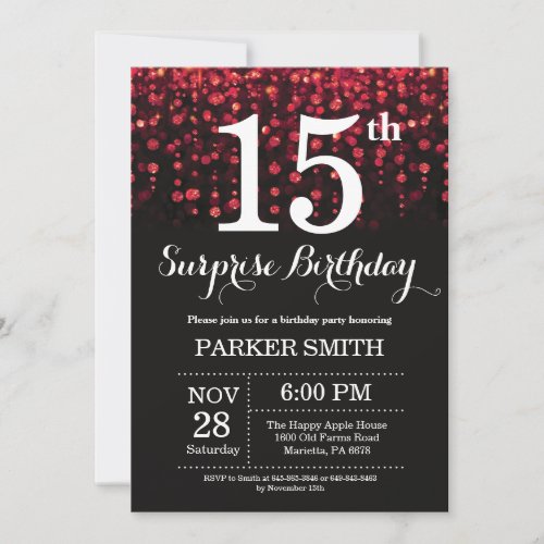Surprise 15th Birthday Invitation Red Glitter
