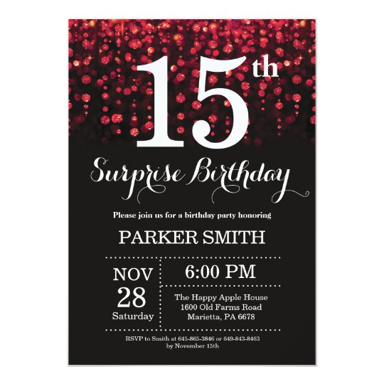 Surprise 15th Birthday Invitation Red Glitter Zazzle com