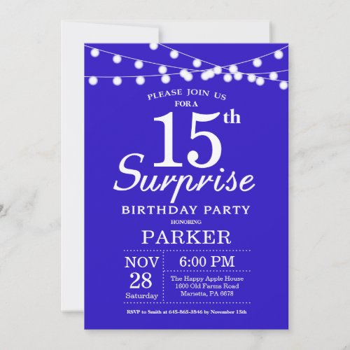 Surprise 15th Birthday Invitation Royal Blue