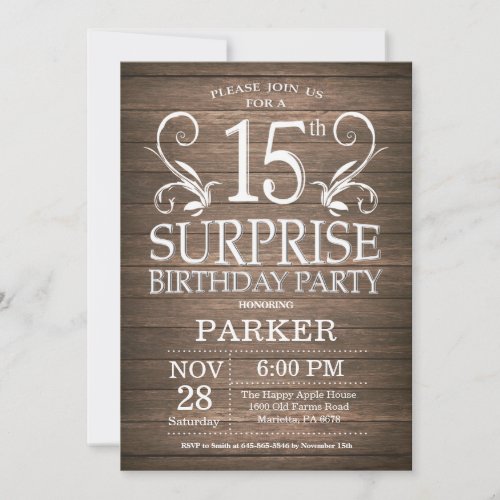 Surprise 15th Birthday Invitation Rustic Wood