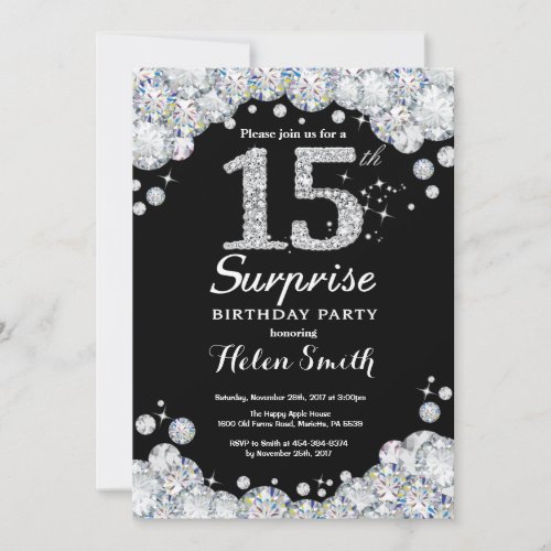 Surprise 15th Birthday Invitation Silver Diamond