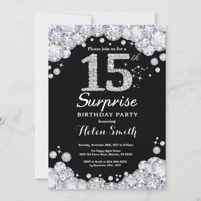 Surprise 15th Birthday Invitation Silver Diamond (Front)