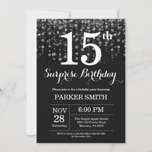 Surprise 15th Birthday Invitation Silver Glitter