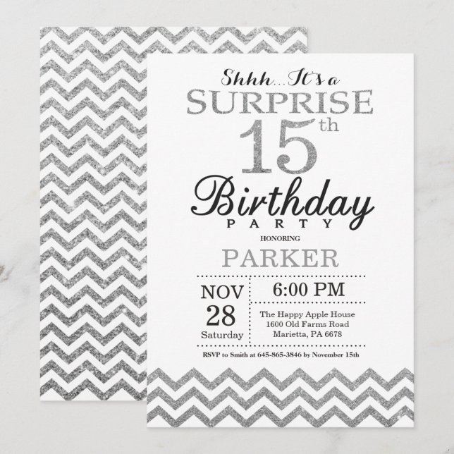 Surprise 15th Birthday Invitation Silver Glitter (Front/Back)