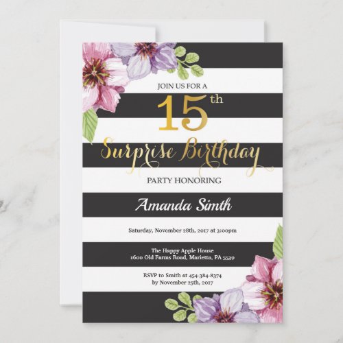 Surprise 15th Birthday Invitation Women Floral