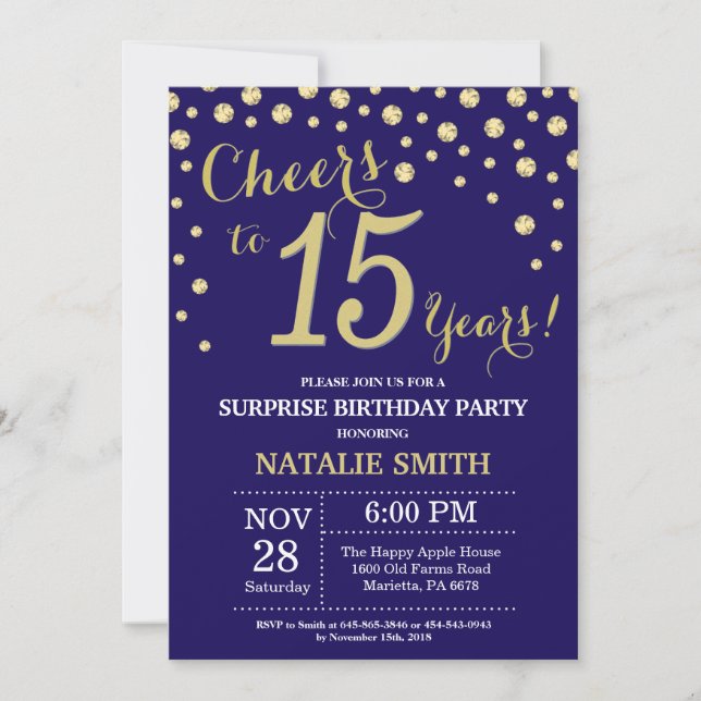 Surprise 15th Birthday Navy Blue and Gold Diamond Invitation (Front)