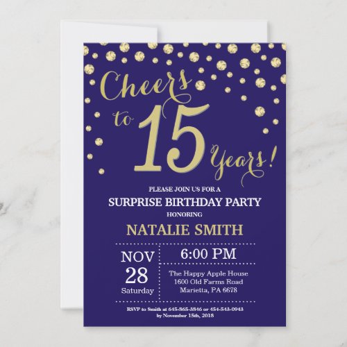 Surprise 15th Birthday Navy Blue and Gold Diamond Invitation