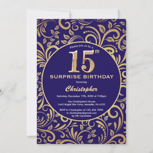 Surprise 15th Birthday Navy Blue and Gold Floral Invitation
