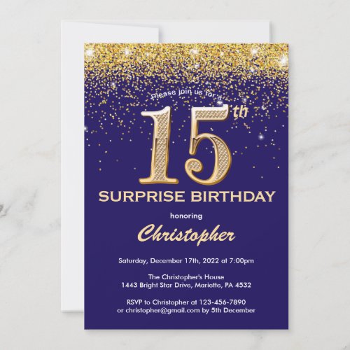 Surprise 15th Birthday Navy Blue and Gold Glitter Invitation
