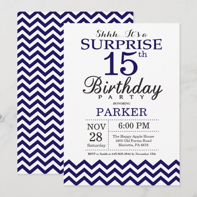 Surprise 15th Birthday Navy Blue Chevron Invitation (Front/Back)