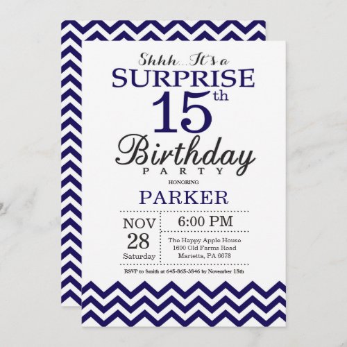Surprise 15th Birthday Navy Blue Chevron Invitation