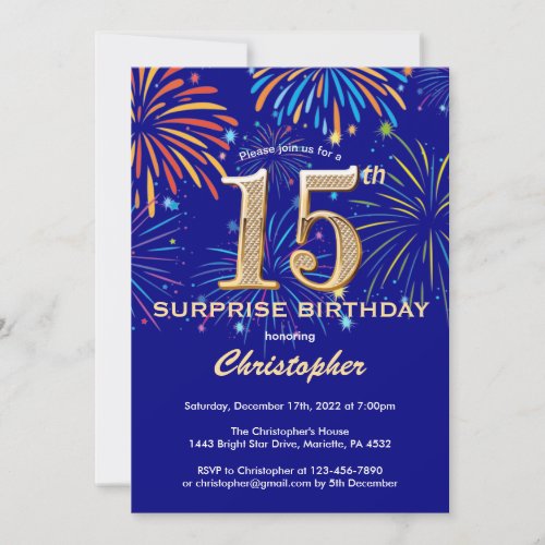 Surprise 15th Birthday Navy Blue  Gold Firework Invitation