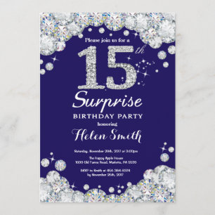 Surprise 15th Birthday Navy Blue Silver Diamond Invitation