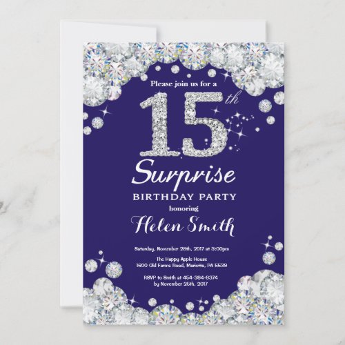Surprise 15th Birthday Navy Blue Silver Diamond Invitation