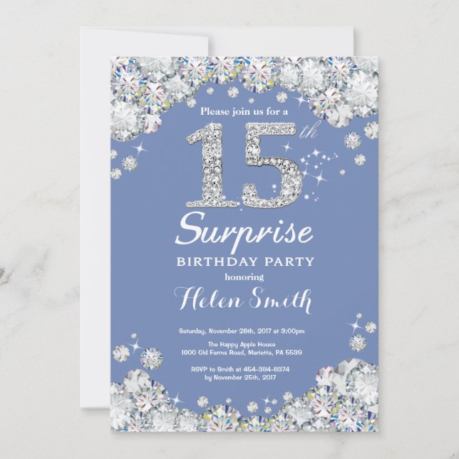 Surprise 15th Birthday Navy Silver Diamond Invitation (Front)