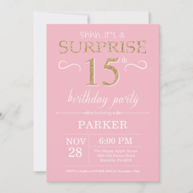 Surprise 15th Birthday Pink and Gold Glitter Invitation (Front)