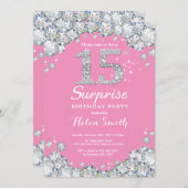 Surprise 15th Birthday Pink and Silver Diamond Invitation (Front/Back)