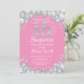 Surprise 15th Birthday Pink and Silver Diamond Invitation (Standing Front)
