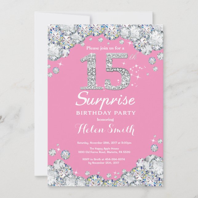 Surprise 15th Birthday Pink and Silver Diamond Invitation (Front)