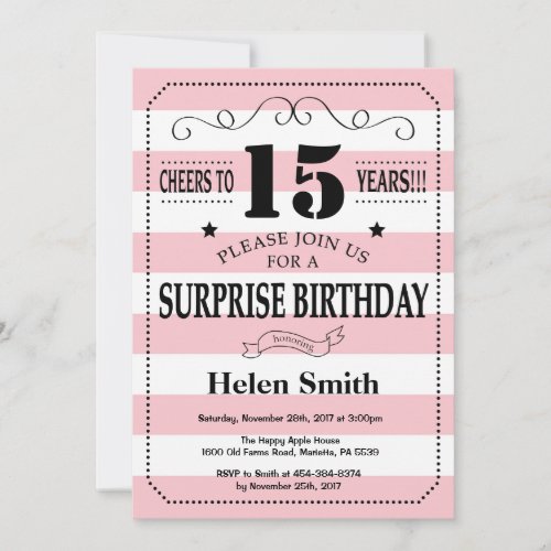 Surprise 15th Birthday Pink and White Stripes Invitation