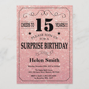 Surprise 15th Birthday Pink Rose Gold Glitter Invitation