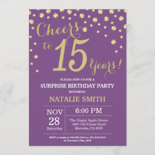 Surprise 15th Birthday Purple and Gold Diamond Invitation